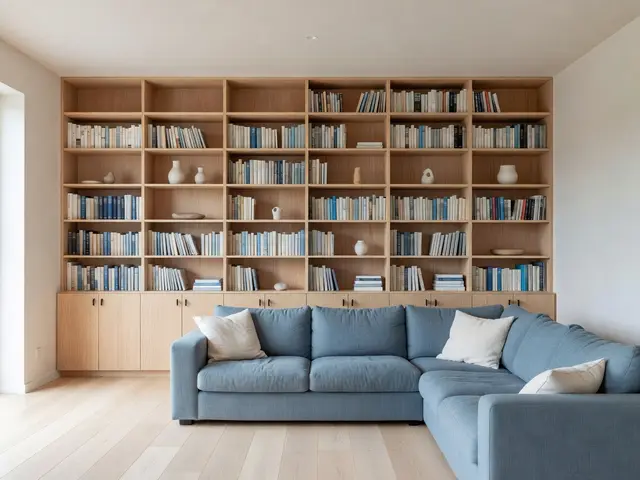 Scandinavian Living Room with Library Wall