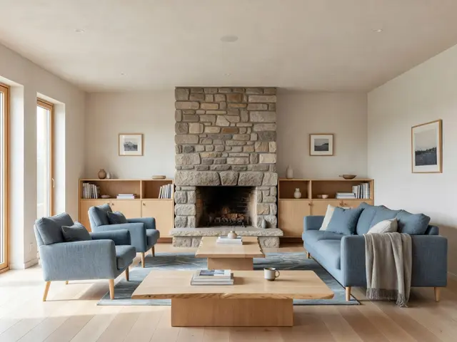 Scandinavian Living Room with Stone Fireplace